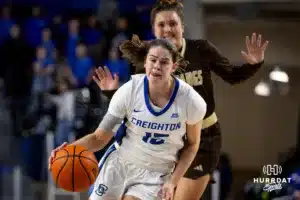 Creighton Bluejay guard Lauren Jensen (15) drives to the basket against the Southwest Minnesota State Mustangs in the second half during a college women’s basketball game Thursday, October 30, 2024, in Lincoln, Nebraska. Photo by John S. Peterson.