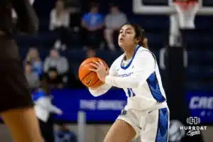 Creighton Bluejay guard Kiani Lockett (11) makes a pass against the Southwest Minnesota State Mustangs in the second half during a college women’s basketball game Thursday, October 30, 2024, in Lincoln, Nebraska. Photo by John S. Peterson.