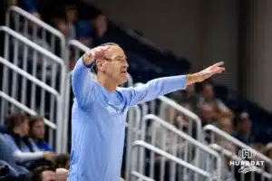 Creighton Bluejay head coach Jim Flanery reacts to the action on the court against the Southwest Minnesota State Mustangs during a college women’s basketball game Thursday, October 30, 2024, in Lincoln, Nebraska. Photo by John S. Peterson.