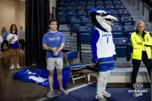 Billy Bluejay waiting to lead the women's basketball team on to the court to take on the Southwest Minnesota State Mustangs during a college women’s basketball game Thursday, October 30, 2024, in Lincoln, Nebraska. Photo by John S. Peterson.