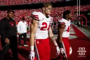 Nebraska Cornhusker tight end Thomas Fidone II (24) heads to the locker room after the loss to Ohio State Buckeyes during a college football game Saturday, October 26, 2024, in Columbus, Ohio. Photo by John S. Peterson.