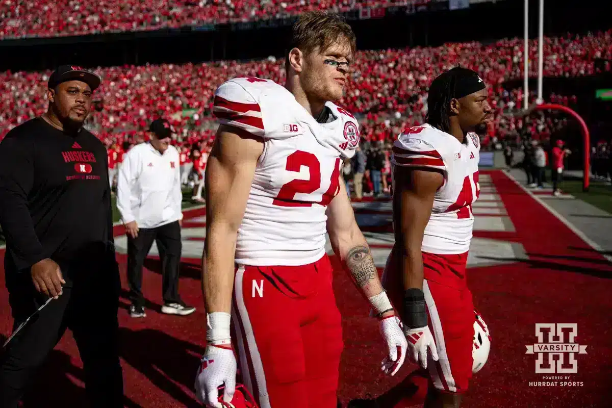 Nebraska Cornhusker tight end Thomas Fidone II (24) heads to the locker room after the loss to Ohio State Buckeyes during a college football game Saturday, October 26, 2024, in Columbus, Ohio. Photo by John S. Peterson.