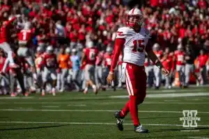 Nebraska Cornhusker quarterback Dylan Raiola (15) watches the replay on the big screen against the Ohio State Buckeyes during a college football game Saturday, October 26, 2024, in Columbus, Ohio. Photo by John S. Peterson.