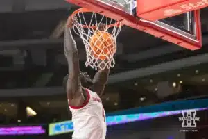 Nebraska Cornhusker Juwan Gary (4) makes a dunk against the Grand Valley State Lakers in the second half during a college men’s basketball game Thursday, October 27, 2024, in Lincoln, Nebraska. Photo by John S. Peterson.