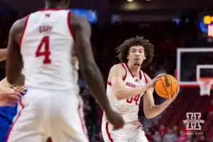 Nebraska Cornhusker Braxton Meah (34) looks to pass to Juwan Gary (4) against the Grand Valley State Lakers during a college men’s basketball game Thursday, October 27, 2024, in Lincoln, Nebraska. Photo by John S. Peterson.