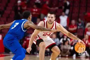 Nebraska Cornhusker Rollie Worster (24) dribbles the ball against Grand Valley State Laker Mason Docks (3) in the first half during a college men’s basketball game Thursday, October 27, 2024, in Lincoln, Nebraska. Photo by John S. Peterson.