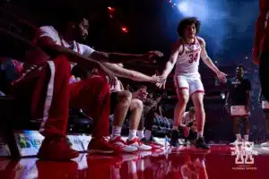 Nebraska Cornhusker Braxton Meah (34) giving fives when introduced during a college men’s basketball game Thursday, October 27, 2024, in Lincoln, Nebraska. Photo by John S. Peterson.