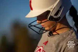 Nebraska Cornhusker Macie Vickers (5) gets ready for an at bat during the Red White softball game Wednesday, October 23, 2024, in Lincoln, Nebraska. Photo by John S. Peterson.