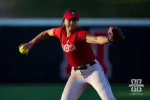 Nebraska Cornhusker Natalia Hill (27) throws the ball to first base during the Red White softball game Wednesday, October 23, 2024, in Lincoln, Nebraska. Photo by John S. Peterson.