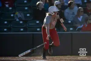 Nebraska Cornhusker Jordyn Bahl (98) hits a triple during the Red White softball game Wednesday, October 23, 2024, in Lincoln, Nebraska. Photo by John S. Peterson.