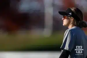Nebraska Cornhuskers Ava Bredwell waiting for the next batter in right field during the Red White softball game Wednesday, October 23, 2024, in Lincoln, Nebraska. Photo by John S. Peterson.