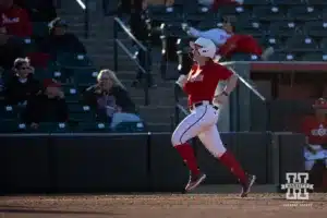 Nebraska Cornhusker Olivia DiNardo (1) runs home after hitting a home run during the Red White softball game Wednesday, October 23, 2024, in Lincoln, Nebraska. Photo by John S. Peterson.