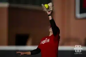 Nebraska Cornhuskers Bella Bacon makes a catch during the Red White softball game Wednesday, October 23, 2024, in Lincoln, Nebraska. Photo by John S. Peterson.