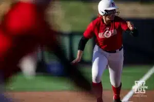 Nebraska Cornhuskers Bella Bacon ready to run home during the Red White softball game Wednesday, October 23, 2024, in Lincoln, Nebraska. Photo by John S. Peterson.
