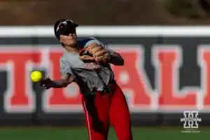 Nebraska Cornhusker Natalia Hill (27) throws the ball to first during the Red White softball game Wednesday, October 23, 2024, in Lincoln, Nebraska. Photo by John S. Peterson.