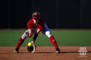 Nebraska Cornhusker Nessa McMillen (18) fields the ball during the Red White softball game Wednesday, October 23, 2024, in Lincoln, Nebraska. Photo by John S. Peterson.