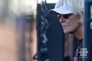 Nebraska Cornhusker head coach Rhonda Revelle watching the action on the field during the Red White softball game Wednesday, October 23, 2024, in Lincoln, Nebraska. Photo by John S. Peterson.
