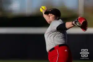 Nebraska Cornhusker Emmerson Cope (33) throws a pitch during the Red White softball game Wednesday, October 23, 2024, in Lincoln, Nebraska. Photo by John S. Peterson.