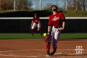 Nebraska Cornhusker Caitlin Olensky (22) throws a pitch during the Red White softball game Wednesday, October 23, 2024, in Lincoln, Nebraska. Photo by John S. Peterson.