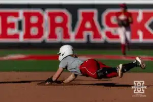 Nebraska Cornhusker Jordyn Bahl (98) slides to second base during the Red White softball game Wednesday, October 23, 2024, in Lincoln, Nebraska. Photo by John S. Peterson.