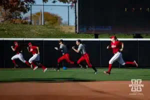 Nebraska Cornhuskers warm-up for 8the Red White softball game Wednesday, October 23, 2024, in Lincoln, Nebraska. Photo by John S. Peterson.