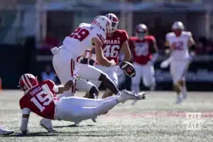 Pass gets broken up to Nebraska Cornhusker wide receiver Carter Nelson (29) by the Indiana Hoosiers during a football game Saturday, October 19, 2024, in Bloomington, Indiana. Photo by John S. Peterson.