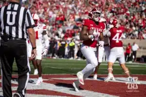 Indiana Hoosier running back Elijah Green (21) runs in for a touchdown against the Nebraska Cornhuskers during a football game Saturday, October 19, 2024, in Bloomington, Indiana. Photo by John S. Peterson.