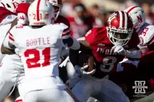 Indiana Hoosier running back Kaelon Black (8) runs with the ball against the Nebraska Cornhuskers during a football game Saturday, October 19, 2024, in Bloomington, Indiana. Photo by John S. Peterson.