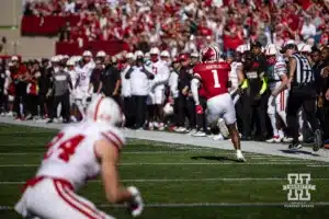 Indiana Hoosier defensive back Shawn Asbury II (1) runs with the ball after making an interception against Nebraska Cornhusker tight end Thomas Fidone II (24) during a football game Saturday, October 19, 2024, in Bloomington, Indiana. Photo by John S. Peterson.