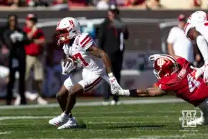 Nebraska Cornhusker wide receiver Jacory Barney Jr. (17) runs with the ball against Indiana Hoosier linebacker Aiden Fisher (4) during a football game Saturday, October 19, 2024, in Bloomington, Indiana. Photo by John S. Peterson.