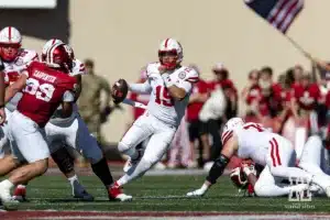 Nebraska Cornhusker quarterback Dylan Raiola (15) runs with the ball against the Indiana Hoosiers during a football game Saturday, October 19, 2024, in Bloomington, Indiana. Photo by John S. Peterson.