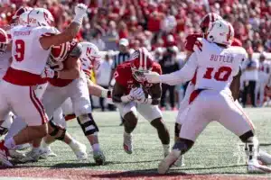 ndiana Hoosier running back Ty Son Lawton (17) runs for touchdown against the Nebraska Cornhuskers during a football game Saturday, October 19, 2024, in Bloomington, Indiana. Photo by John S. Peterson.