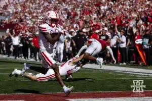 Nebraska Cornhusker wide receiver Jacory Barney Jr. (17) scores a touchdown against the Indiana Hoosiers during a football game Saturday, October 19, 2024, in Bloomington, Indiana. Photo by John S. Peterson.
