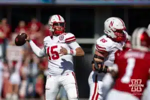Nebraska Cornhusker quarterback Dylan Raiola (15) throws the ball against the Indiana Hoosiers during a football game Saturday, October 19, 2024, in Bloomington, Indiana. Photo by John S. Peterson.