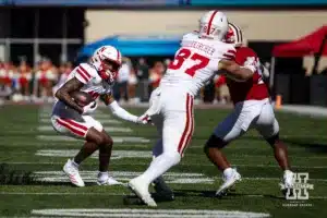 Nebraska Cornhusker wide receiver Jacory Barney Jr. (17) runs with the ball against the Indiana Hoosiers during a football game Saturday, October 19, 2024, in Bloomington, Indiana. Photo by John S. Peterson.