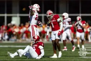 Nebraska Cornhusker tight end Thomas Fidone II (24) makes a catch against Indiana Hoosier linebacker Jailin Walker (2) for a first down during a football game Saturday, October 19, 2024, in Bloomington, Indiana. Photo by John S. Peterson.