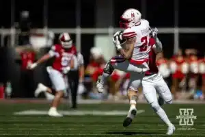 Nebraska Cornhusker tight end Thomas Fidone II (24) makes a catch for a first down in the second quarter against the Indiana Hoosiers during a football game Saturday, October 19, 2024, in Bloomington, Indiana. Photo by John S. Peterson.