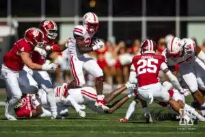 Nebraska Cornhusker running back Dante Dowdell (23) runs with the ball against the Indiana Hoosiers during a football game Saturday, October 19, 2024, in Bloomington, Indiana. Photo by John S. Peterson.