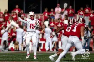 Nebraska Cornhusker quarterback Dylan Raiola (15) throws a pass against the Indiana Hoosiers during a football game Saturday, October 19, 2024, in Bloomington, Indiana. Photo by John S. Peterson.
