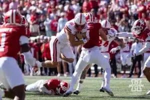 Nebraska Cornhusker quarterback Heinrich Haarberg (10) runs with the ball against the Indiana Hoosiers during a football game Saturday, October 19, 2024, in Bloomington, Indiana. Photo by John S. Peterson.