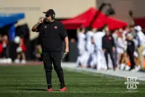 Nebraska Cornhusker head coach Matt Rhule on the filed for a time out against the Indiana Hoosiers during a football game Saturday, October 19, 2024, in Bloomington, Indiana. Photo by John S. Peterson.