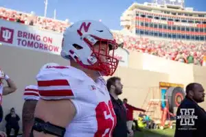 Nebraska Cornhusker offensive lineman Ben Scott (66) walks out to the field to warm-up to take on the Indiana Hoosiers during a football game Saturday, October 19, 2024, in Bloomington, Indiana. Photo by John S. Peterson.