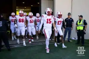 Nebraska Cornhuskers take the field to warm-up before taking on the Indiana Hoosiers during a football game Saturday, October 19, 2024, in Bloomington, Indiana. Photo by John S. Peterson.