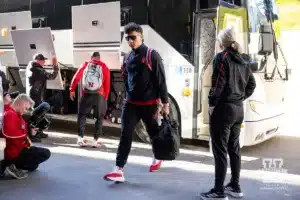 Nebraska Cornhusker quarterback Dylan Raiola (15) arrives to take on the Indiana Hoosiers during a football game Saturday, October 19, 2024, in Bloomington, Indiana. Photo by John S. Peterson.