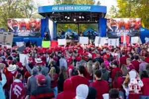 Nebraska Cornhuskers fans and Indiana Hoosiers fans attend Fox's Big Noon Kickoff before a football game Saturday, October 19, 2024, in Bloomington, Indiana. Photo by John S. Peterson.