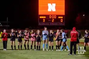 Nebraska Cornhuskers thank the fans for the turn out after the match against the Oregon Ducks during a soccer match Thursday, October 17, 2024, in Lincoln, Nebraska. Photo by John S. Peterson.