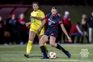 Nebraska Cornhusker midfielder Florence Belzile (10) takes a shot against the Oregon Ducks in the second half during a soccer match Thursday, October 17, 2024, in Lincoln, Nebraska. Photo by John S. Peterson.