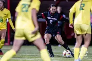 Nebraska Cornhusker midfielder Haley Peterson (2) takes a shot against the Oregon Ducks in the second half during a soccer match Thursday, October 17, 2024, in Lincoln, Nebraska. Photo by John S. Peterson.