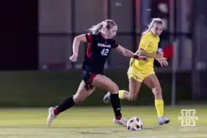 Nebraska Cornhusker forward Sarah Weber (42) on the attack against the Oregon Ducks in the first half during a soccer match Thursday, October 17, 2024, in Lincoln, Nebraska. Photo by John S. Peterson.