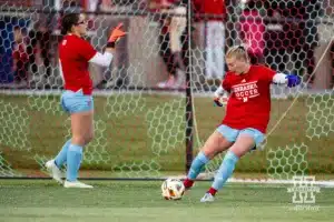 Nebraska Cornhusker goalkeeper Samantha Hauk (91) warms up to take on the Oregon Ducks during a soccer match Thursday, October 17, 2024, in Lincoln, Nebraska. Photo by John S. Peterson.